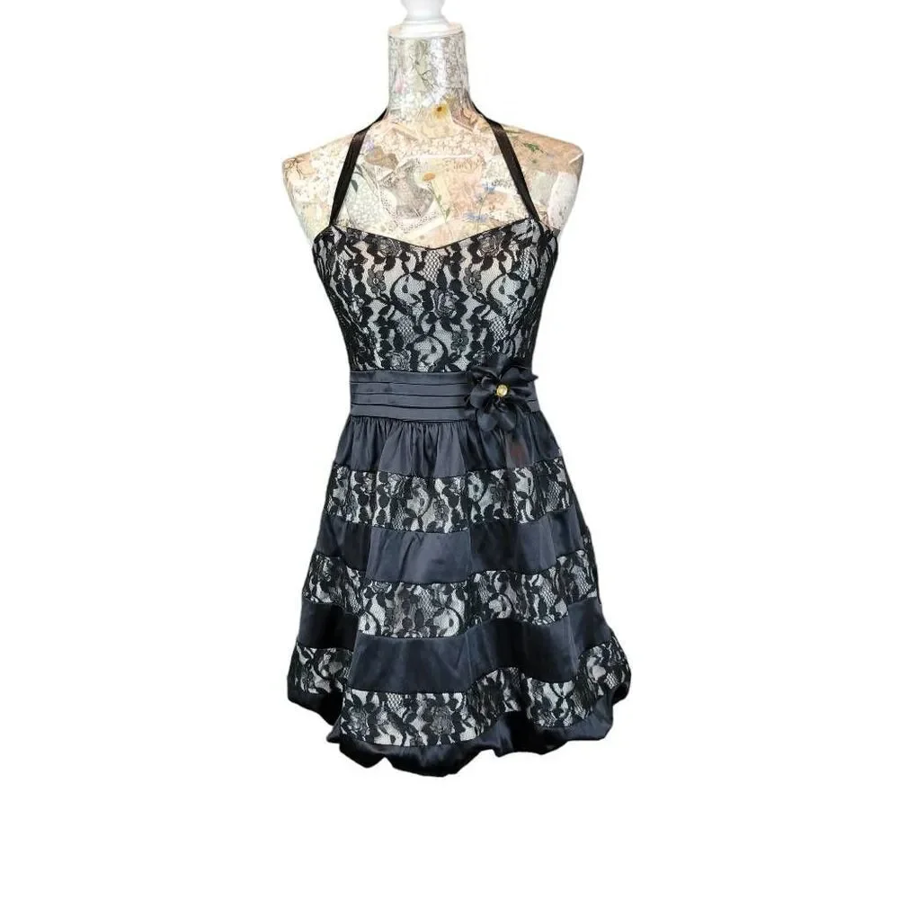 Cocktail Party Evening Black Lacey Layers Satin Strapless Sweetheart Mini Dress